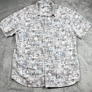 Columbia Mens XL Short Sleeve Button Front Hawaiian Shirt Blue Gray Tropical